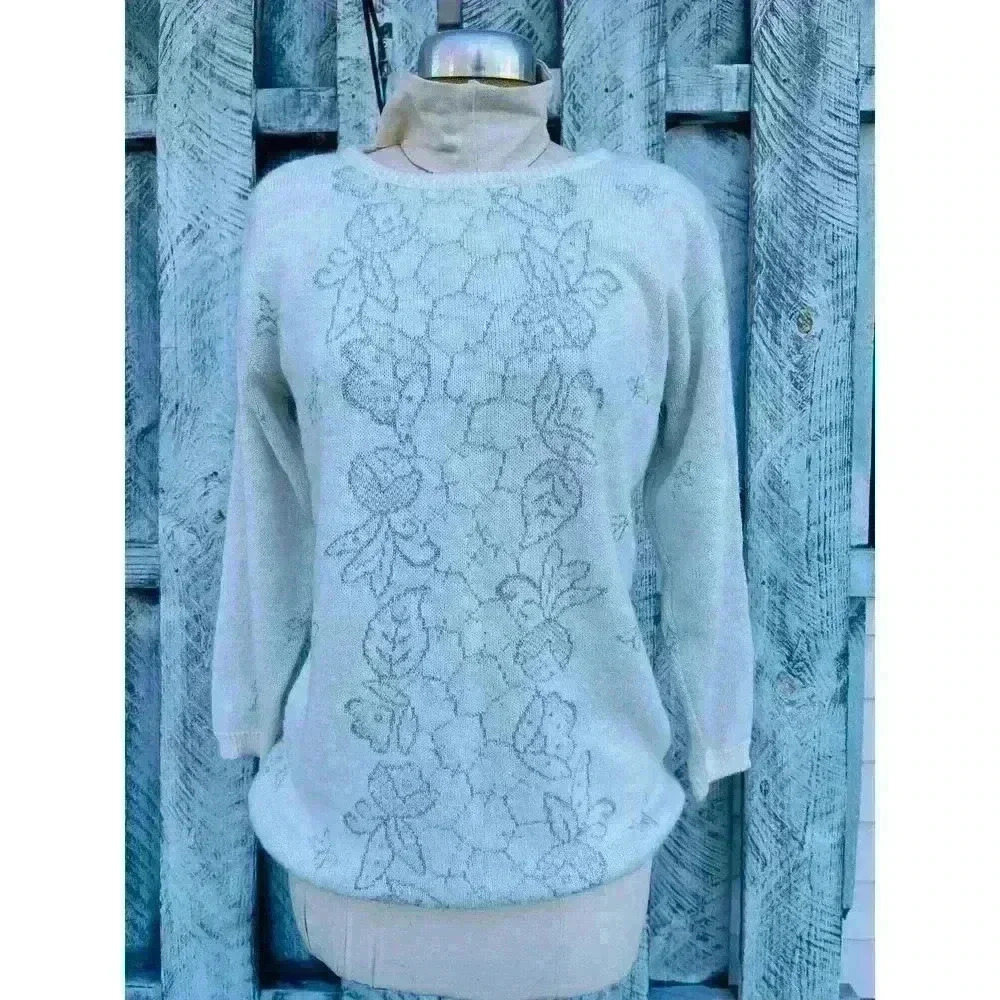 1980’s Beldoch Popper pullover sweater white tinsel floral loose small medium